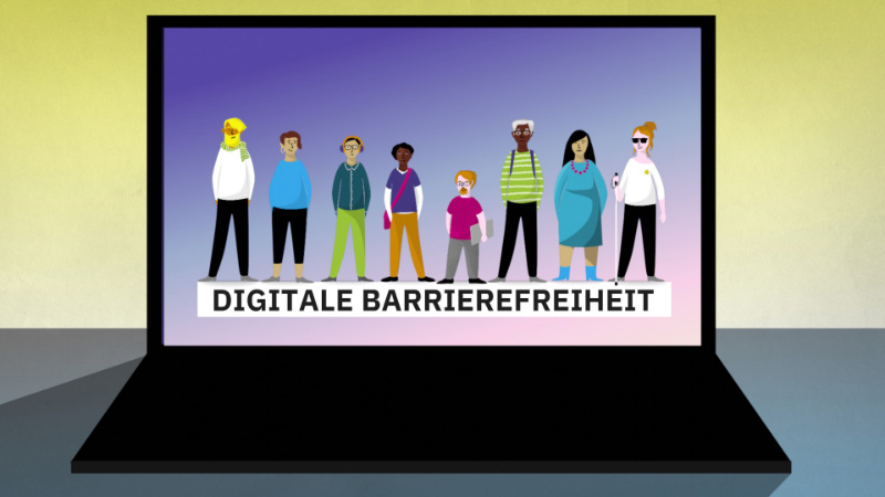 2D Erklärfilm "Digitale Barrierefreiheit", für das Projekt "Lehre:inklusiv", Titelbild. Auf dem Monitor eines Laptops sind verschiedene Studierende zu sehen. Sie stehen auf dem Schriftzug "Digitale Barrierefreiheit".