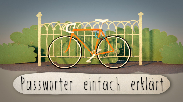 2,5 D Erklärfilm "Passwörter einfach erklärt", Titelbild: Fahrrad an Zaun angeschossen..