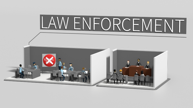 3D Erklärfilm, Centr, Standbild: Polizeibüro und Gerichtssaal