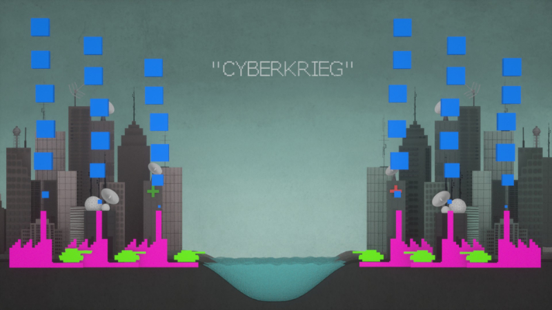 2D Erklärfilm, Cyberpeace, ironische Darstellung von neonfarbenen Cyberwaffen-Fabriken.