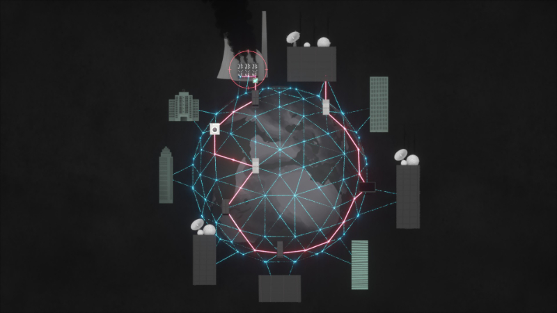 2D Erklärfilm Cyberpeace, Standbild. Ein Weltumspannendes Computernetz, an den Endpunkten hängen verschiedene Gebäude, Unternehmen und ein Kraftwerk.