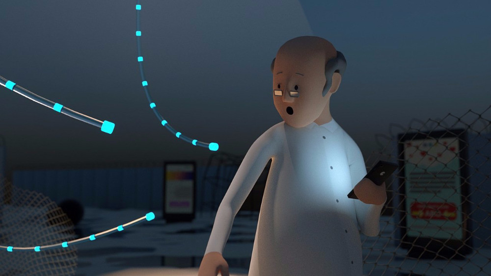 3D-Erklärfilm-Serie zur DSGVO "Deine Daten - Deine Rechte", eine Figur läuft im Dunkeln durch eine Stadt. Datenströme in Form von transparent leuchtenden Kablen verfolgen sie und greifen nach ihr und ihrem Handy.