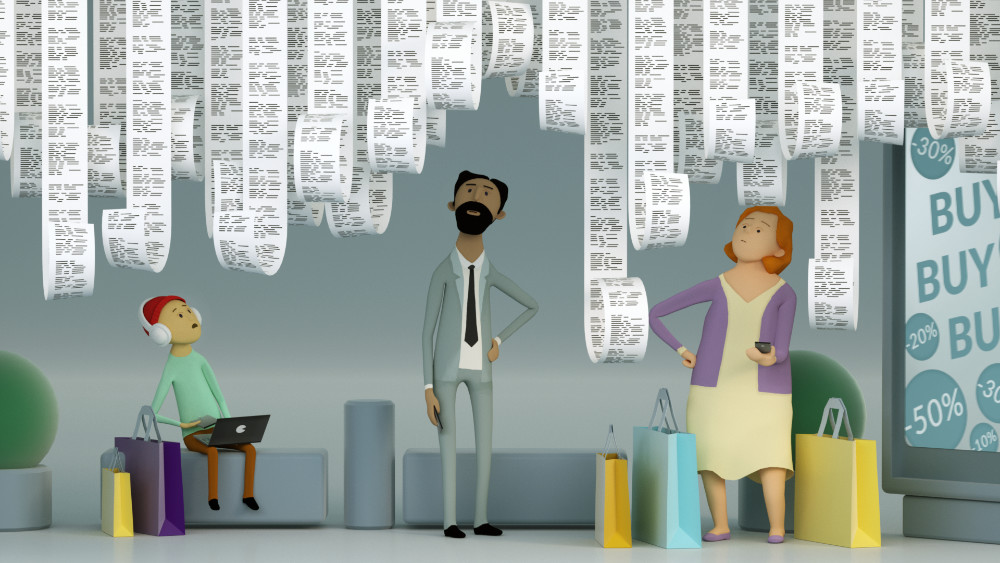 3D-Erklärfilm-Serie zur DSGVO "Deine Daten - Deine Rechte", Standbild: drei Figuren stehen beziehungsweise sitzen in einer Shopping-Mall. Neben ihnen ihre Einkäufe. Sie schauen irritiert nach oben, von da hängen Papierrollen mit endlos wirkenden AGBs zu ihnen herab.