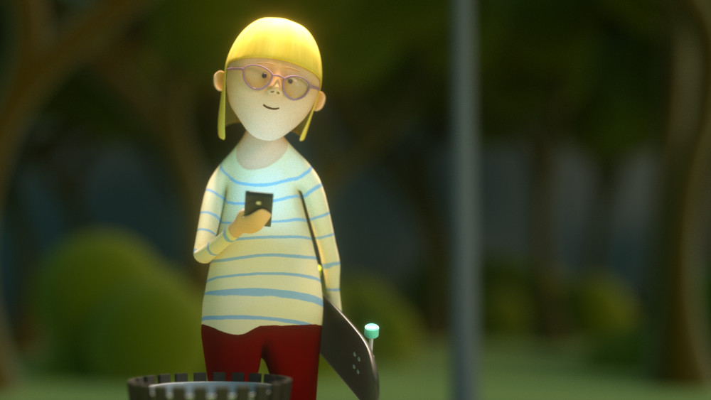 3D-Erklärfilm-Serie zur DSGVO "Deine Daten - Deine Rechte", Standbild: Mädchen steht im Park, mit Skateboard unterm Arm und lächelt Richtung Kamera. Ihr Gesicht ist vom Handy in ihrer Hand erleuchtet.