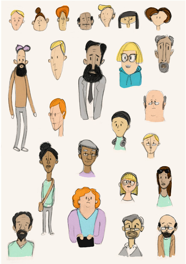 Erste Figur-Entwürfe für die 3D-Erklärfilm-Serie "Deine Daten - Deine Rechte", kolorierte gezeichnete Skizzen.