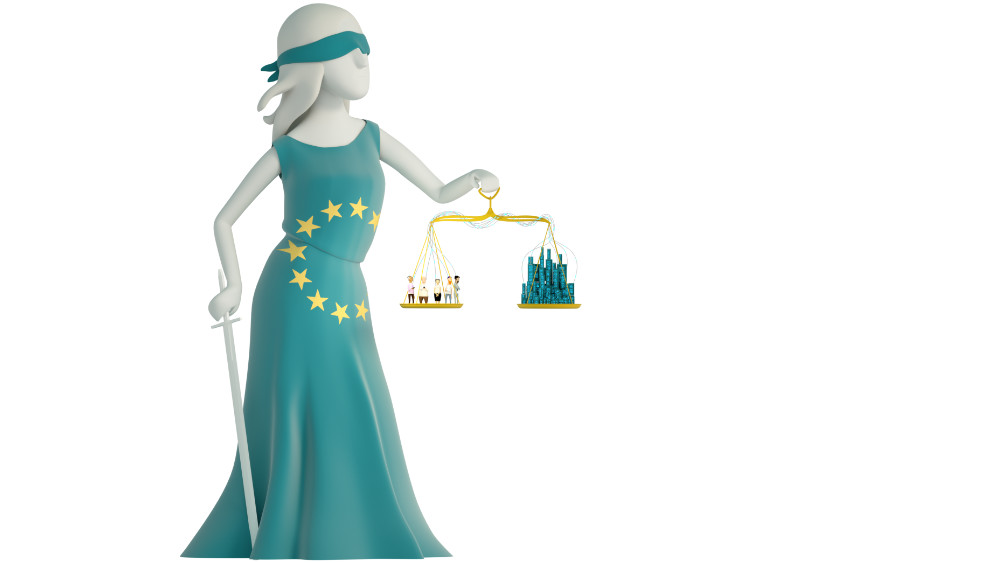 3D-Erklärfilm-Serie zur DSGVO "Deine Daten - Deine Rechte", Justitia ist zu sehen, sie trägt ein Kleid aus der Europaflagge. In der einen Waagschale befindet sich eine Gruppe von Bürger*innen, in der anderen eine Gruppe von Unternehmen.