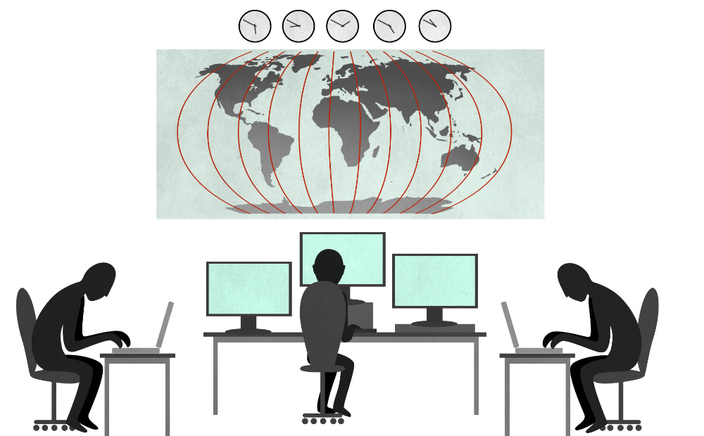 2D Erklärfilm Cyberpeace. Standbild. Hackerbüro. Drei Silouetten sitzen an Computerbildschirmen. Dahinter an der Wand eine große Weltkarte.