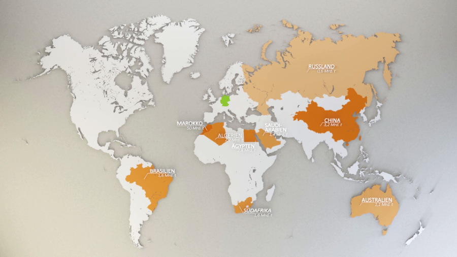 Erklärfilm zu "RephoR" über Phosphor-Recycling. Standbild: Weltkarte.Länder mit Phosphatvorkommen sind verzeichnet ebenso wie die jeweiligen Fördermengen.