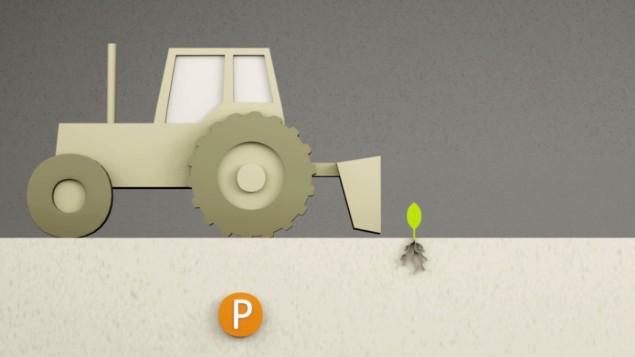 Erklärfilm zu "RephoR" über Phosphor-Recycling. Standbild: Traktor fährt über Feld und pflanzt Setzlinge. Phosphatsymbol ist auf dem Feld abgebildet.