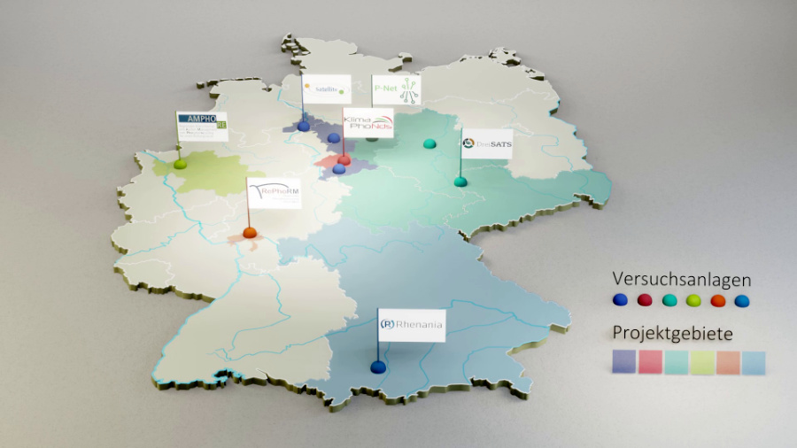 Erklärfilm zu "RephoR" über Phosphor-Recycling. Standbild: Deutschlandkarte mit den einzelnen Projektstandorten.