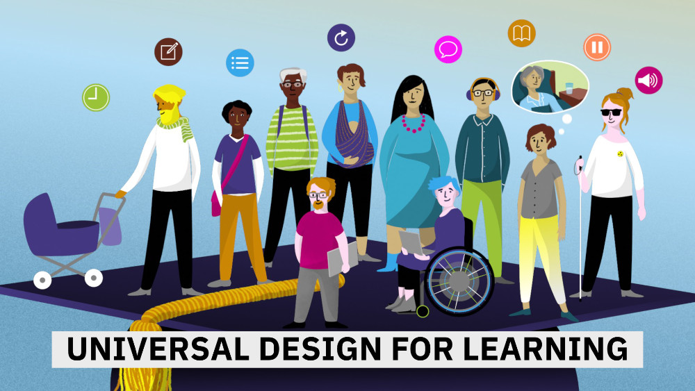 2D Erklärfilm "Universal Design for Learning" (UDL), für das Projekt "Lehre:inklusiv", Titelbild. Verschiedene Studierende stehen auf einem Doktorhut. Darunter der Titel "Universal Design for Learning".